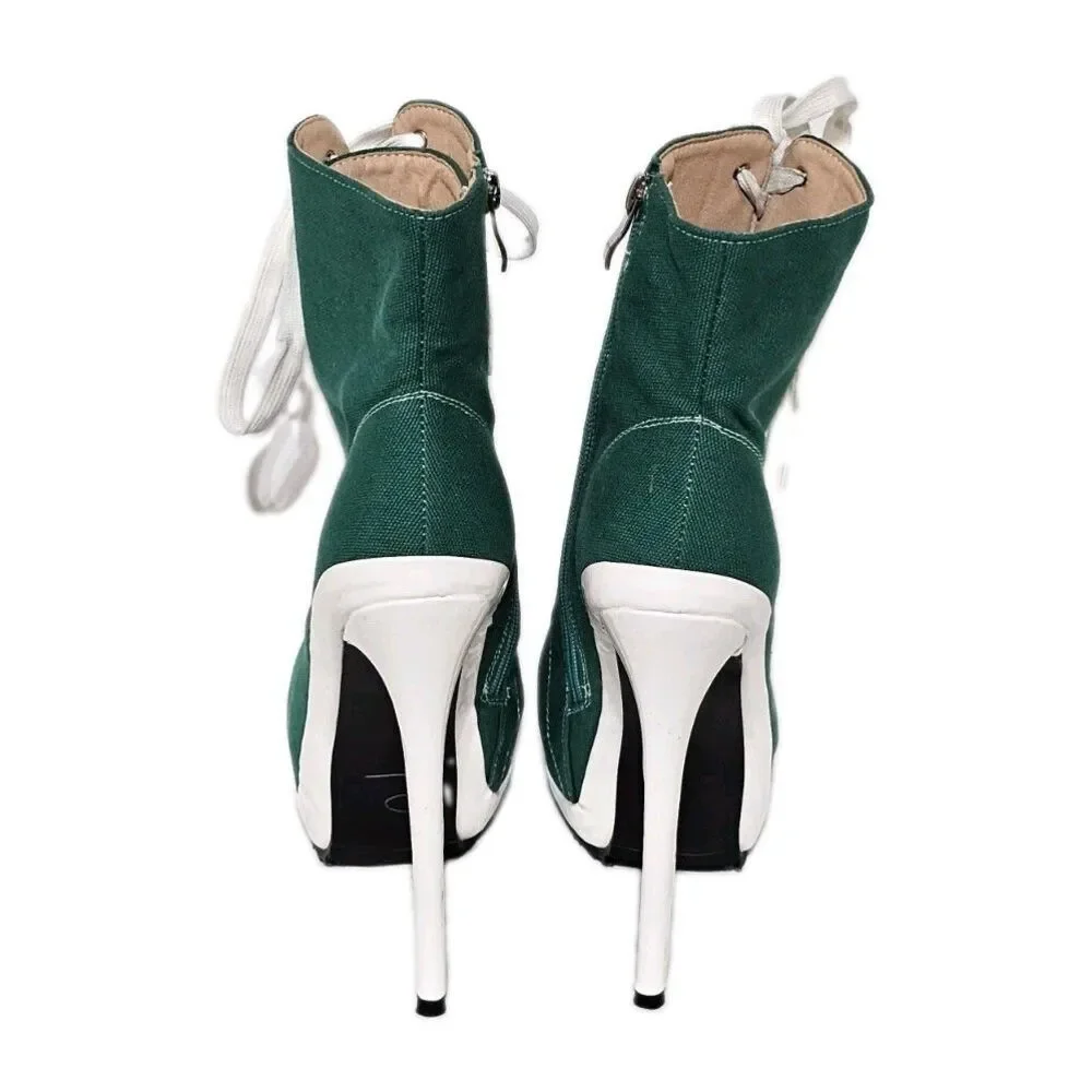 Canvas Sneaker Boot Heels Platform Stiletto Green White Lace Up Zip Women 38 7.5